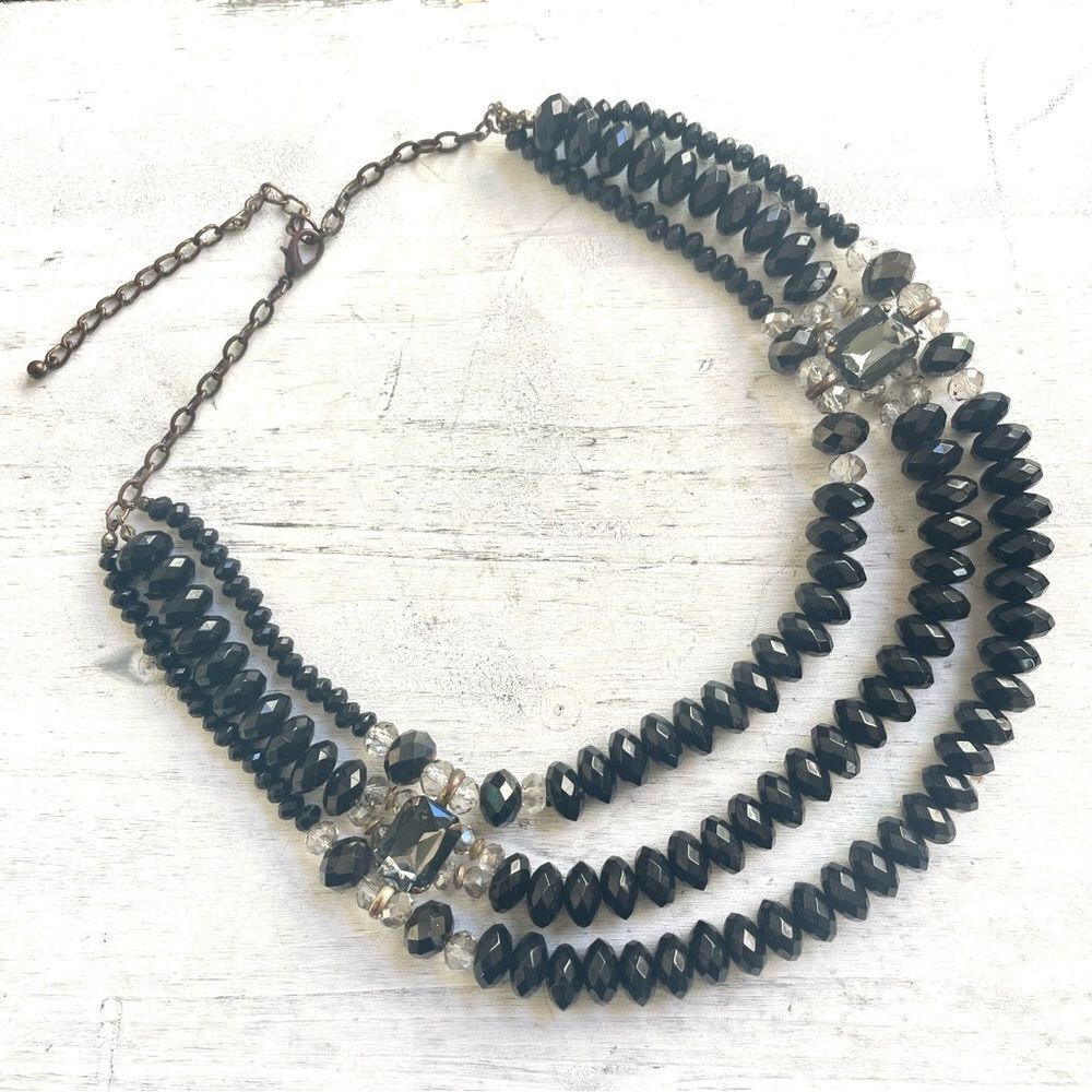 Black Multi Strand Rhinestone Statement Necklace - image 3